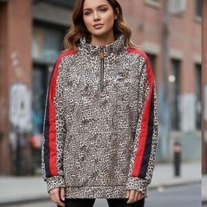 T2D Medium $78 Black Brown Red Leopard Print Half Zip Fleece Pullover Jacket